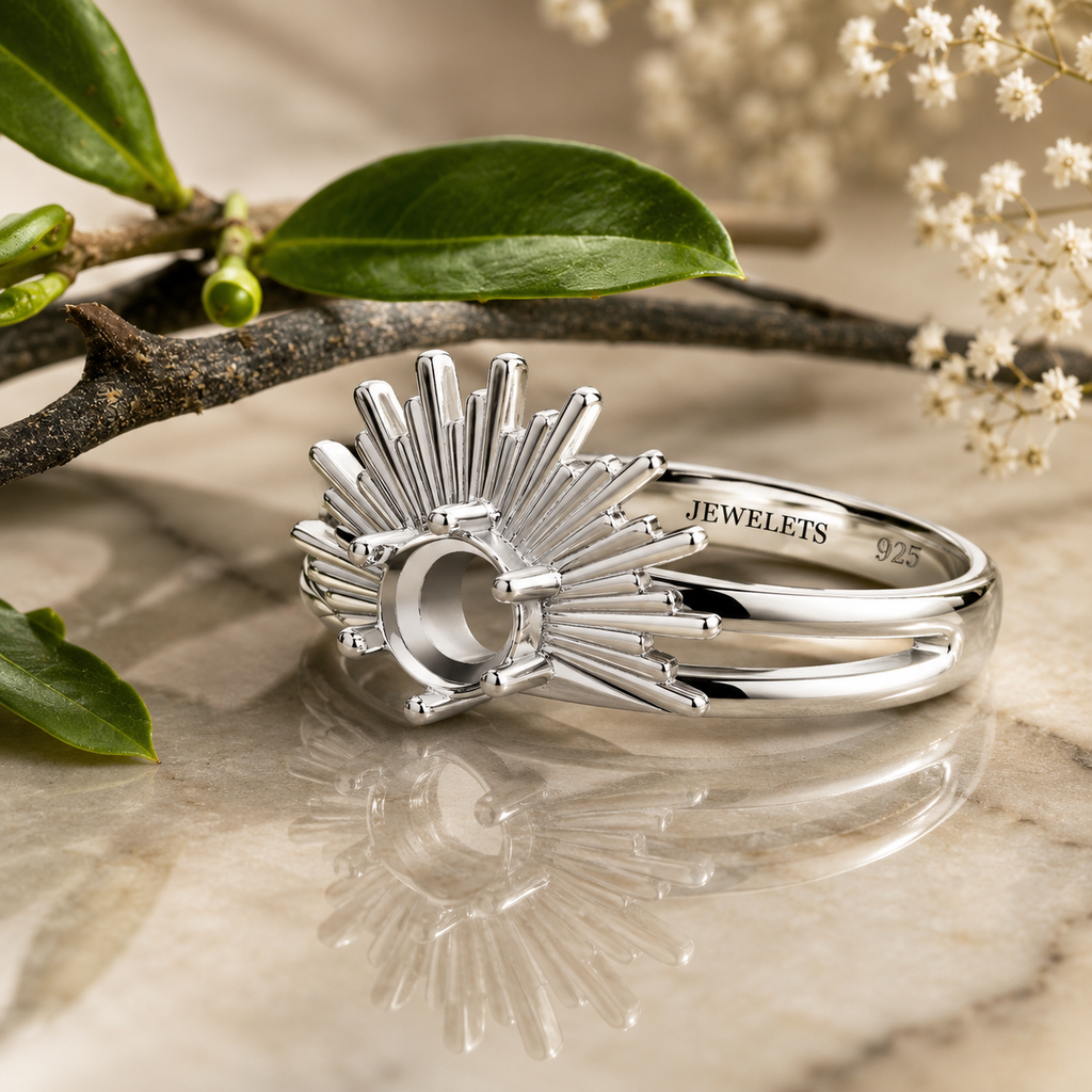 Sterling Silver Ring Setting Blank – 5mm Round, Antique Sun Ray Halo, Rhodium & Gold Plated