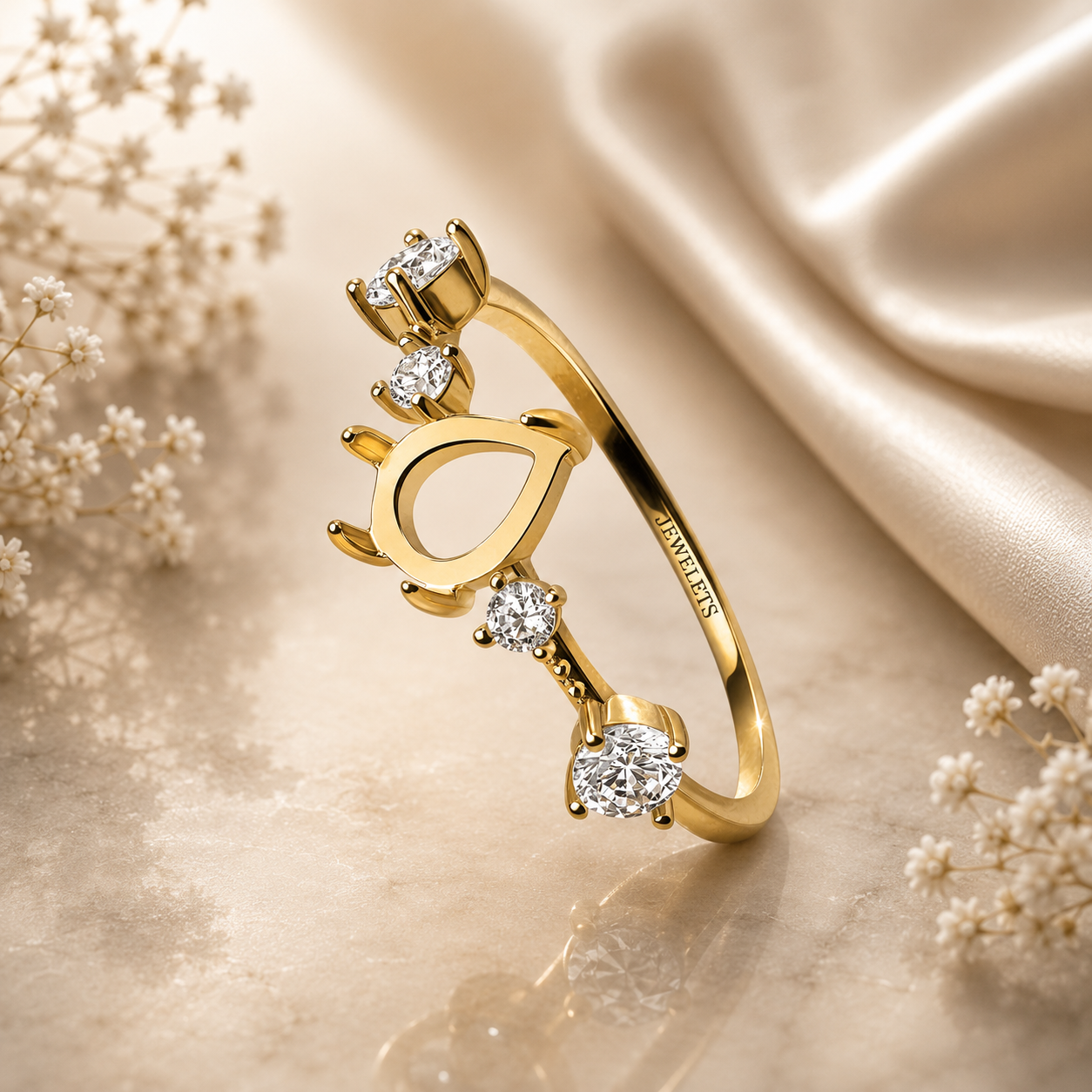 Gold Plated 925 Sterling Silver Ring Blank – Pear/Teardrop Crown Prong Setting, Staggered CZ Constellation Band, Semi Mount