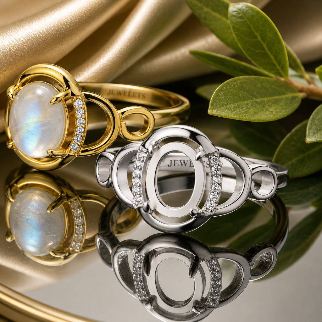 925 Sterling Silver Ring Blank – 9x7mm Oval Sculptural Double-Orbit Frame, Pavé CZ Arc, Scroll Band, Semi Mount (Silver & Gold Plated)