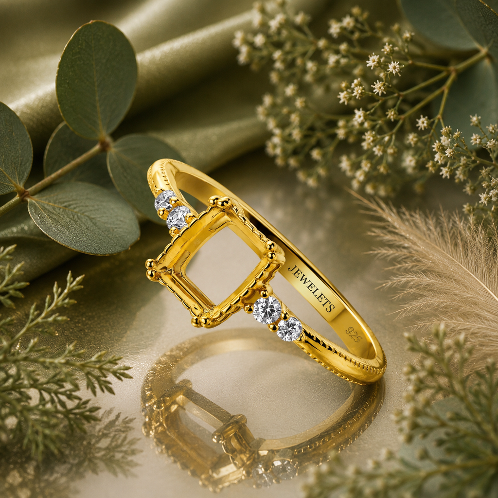 Gold Plated 925 Sterling Silver Ring Blank – 6x8mm Emerald-Cut Milgrain Bezel, Double CZ Shoulders, Milgrain-Dotted Band, Semi Mount