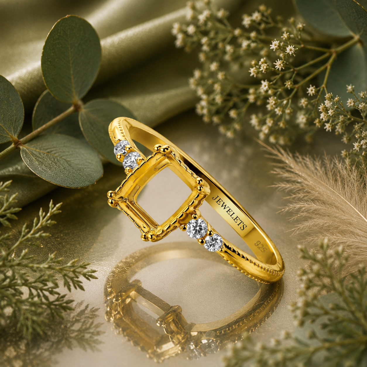 Gold Plated 925 Sterling Silver Ring Blank – 6x8mm Emerald-Cut Milgrain Bezel, Double CZ Shoulders, Milgrain-Dotted Band, Semi Mount