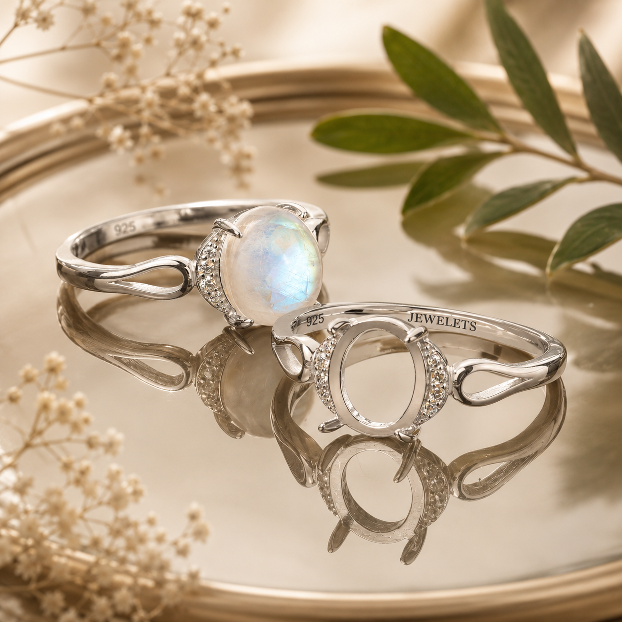 925 Sterling Silver Ring Setting Blank – 8x10mm Oval Cabochon, Crescent CZ Halo, Infinity Band