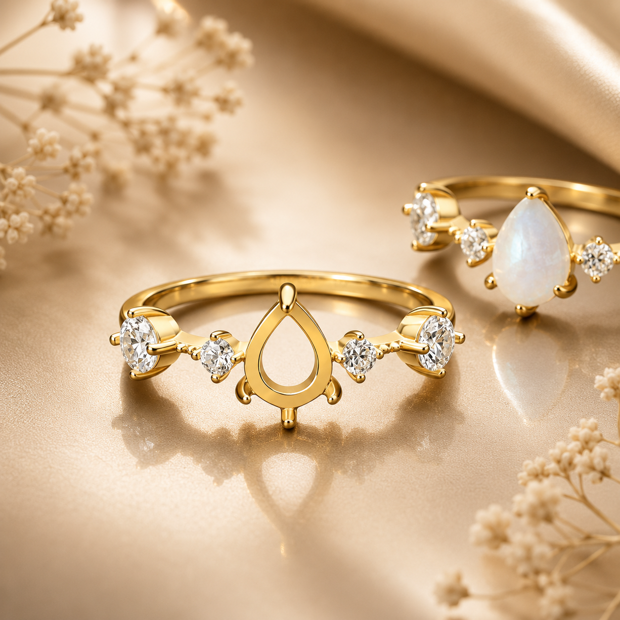 Gold Plated 925 Sterling Silver Ring Blank – Pear/Teardrop Crown Prong Setting, Staggered CZ Constellation Band, Semi Mount