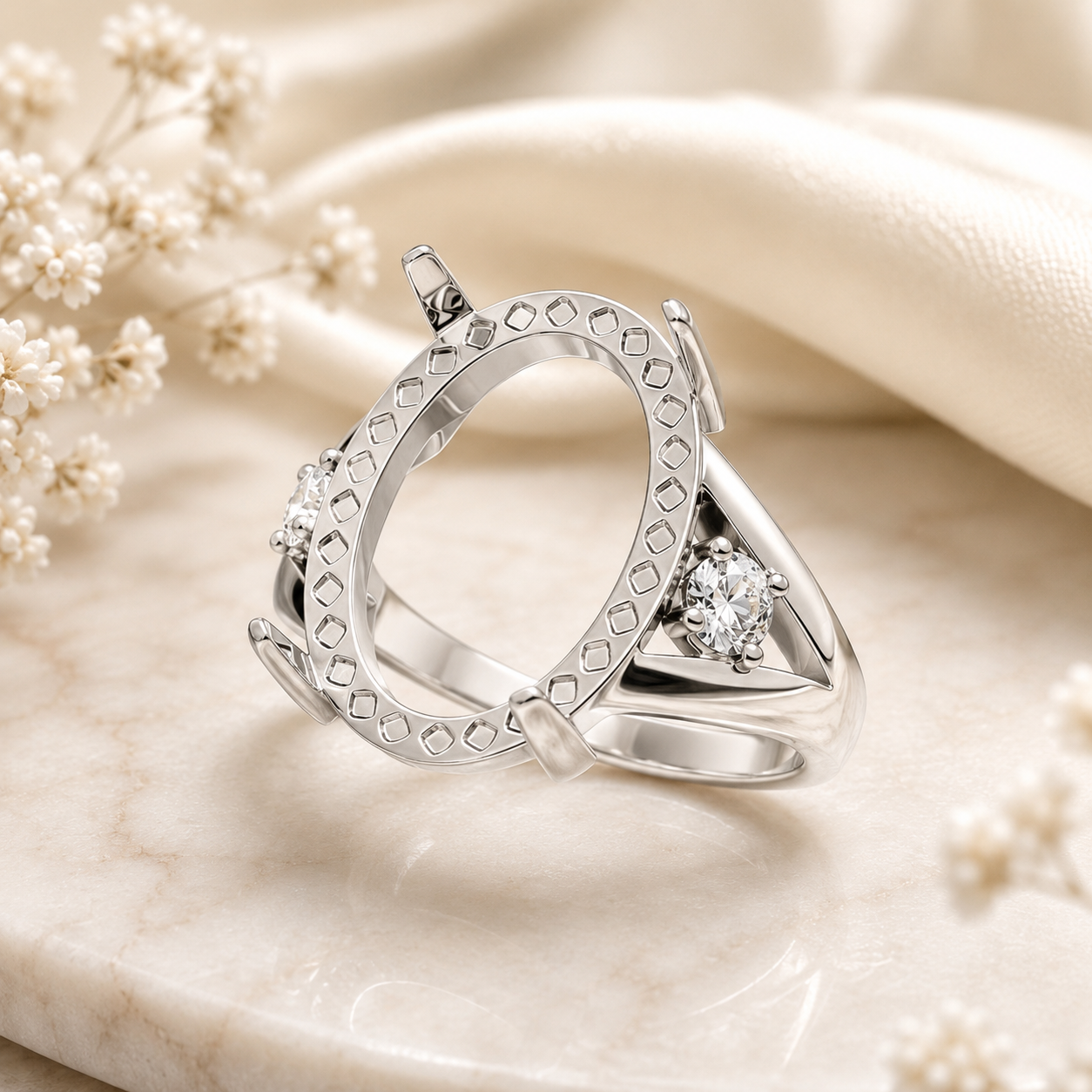 925 Sterling Silver Ring Blank – 13x18mm Large Oval Prong Setting, Full Pavé Milgrain Halo, Single CZ Shoulders, Geometric Triangle Split Band, Rhodium Plated