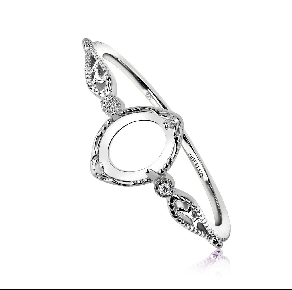 Sterling Silver 6x8mm Ring Setting Blank – Oval Prong, Marquise Leaf Frame, CZ Accents, Milgrain Band
