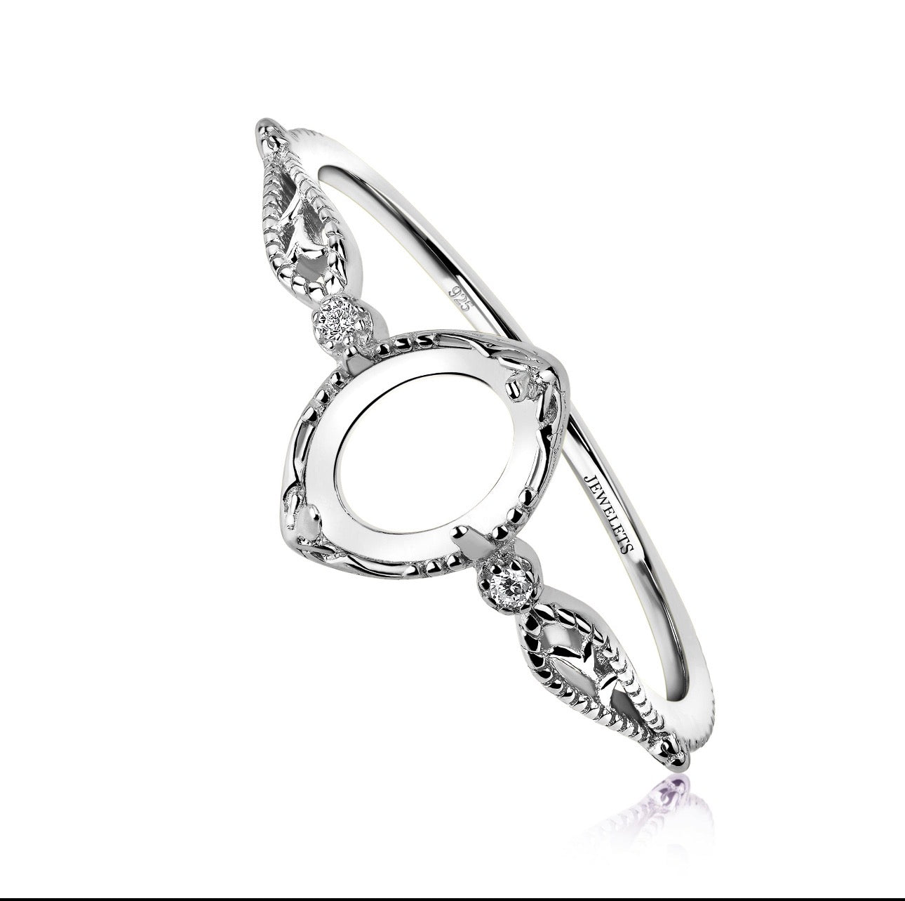Sterling Silver 6x8mm Ring Setting Blank – Oval Prong, Marquise Leaf Frame, CZ Accents, Milgrain Band