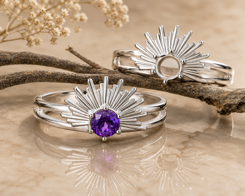 Sterling Silver Ring Setting Blank – 5mm Round, Antique Sun Ray Halo, Rhodium & Gold Plated