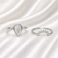 925 Sterling Silver Teardrop Ring Set with white crystal stacker band on white satin
