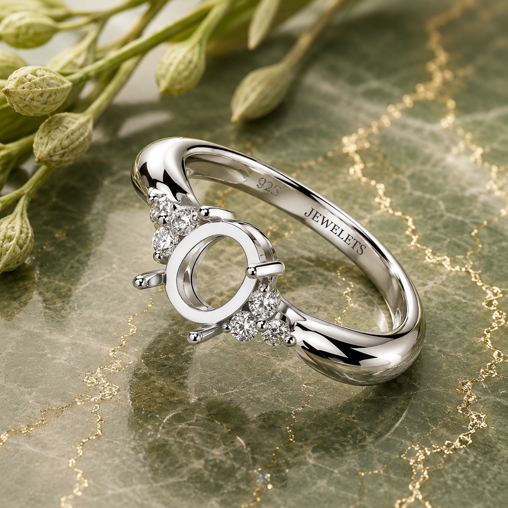Sterling Silver DIY Ring Blank – 8mm Round Prong Setting, Cluster CZ Side Stones, Polished Band