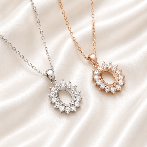 Silver and rose gold halo oval blank necklace settings showing open center bezel detail