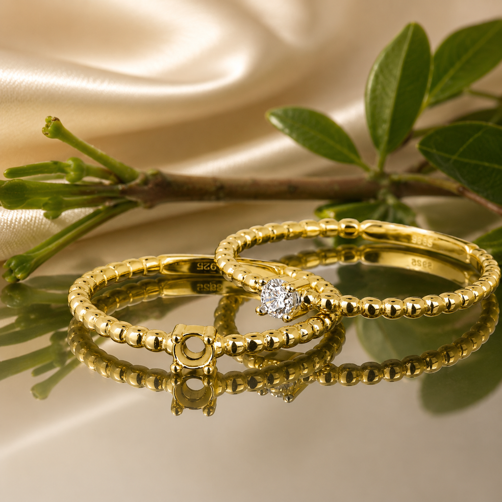 Gold Plated 925 Sterling Silver Ring Blank – 3mm Round 4-Prong Solitaire, Full Beaded Bubble Band, Stackable Semi Mount