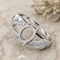 Sterling Silver CZ Ring Blank – 7x9mm Oval Prong Setting, Crossover CZ Band, Semi Mount