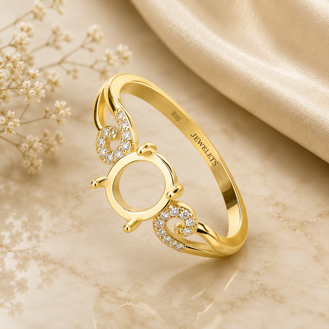 Gold Plated Sterling Silver Ring Setting Blank – 7x9mm Oval Prong, CZ Scroll Side Stones