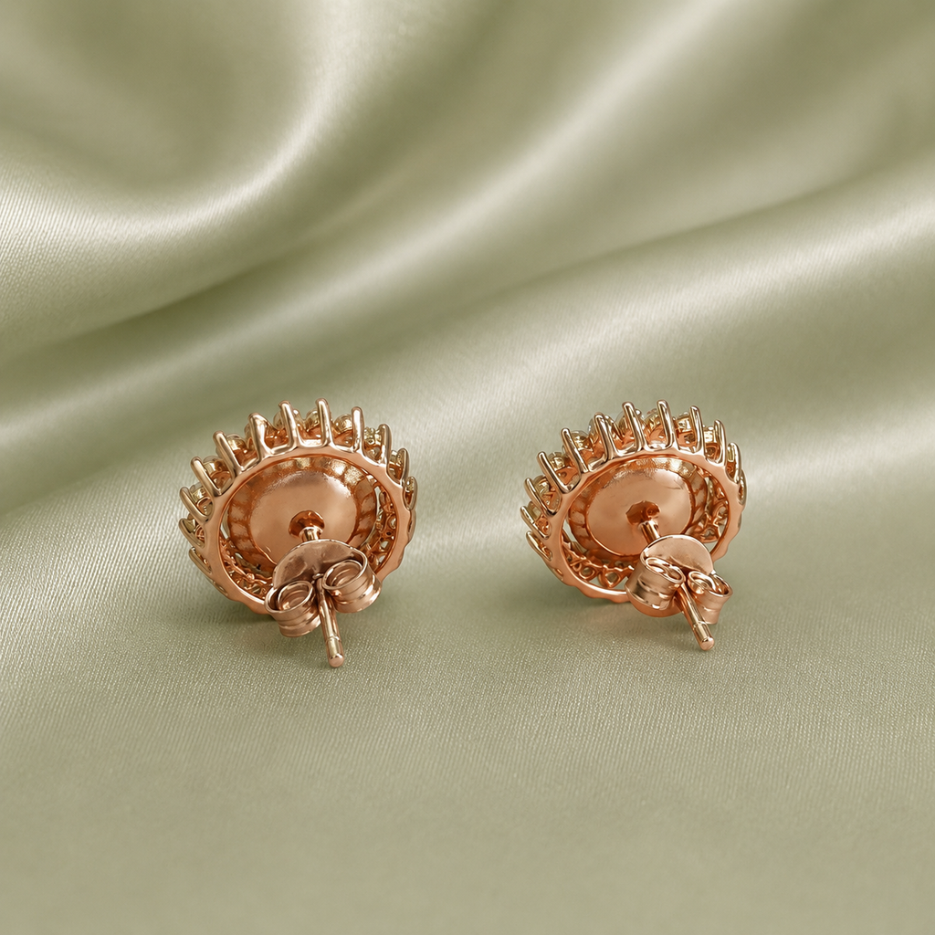 Back view of rose gold sunflower halo earring blanks showing butterfly post closure