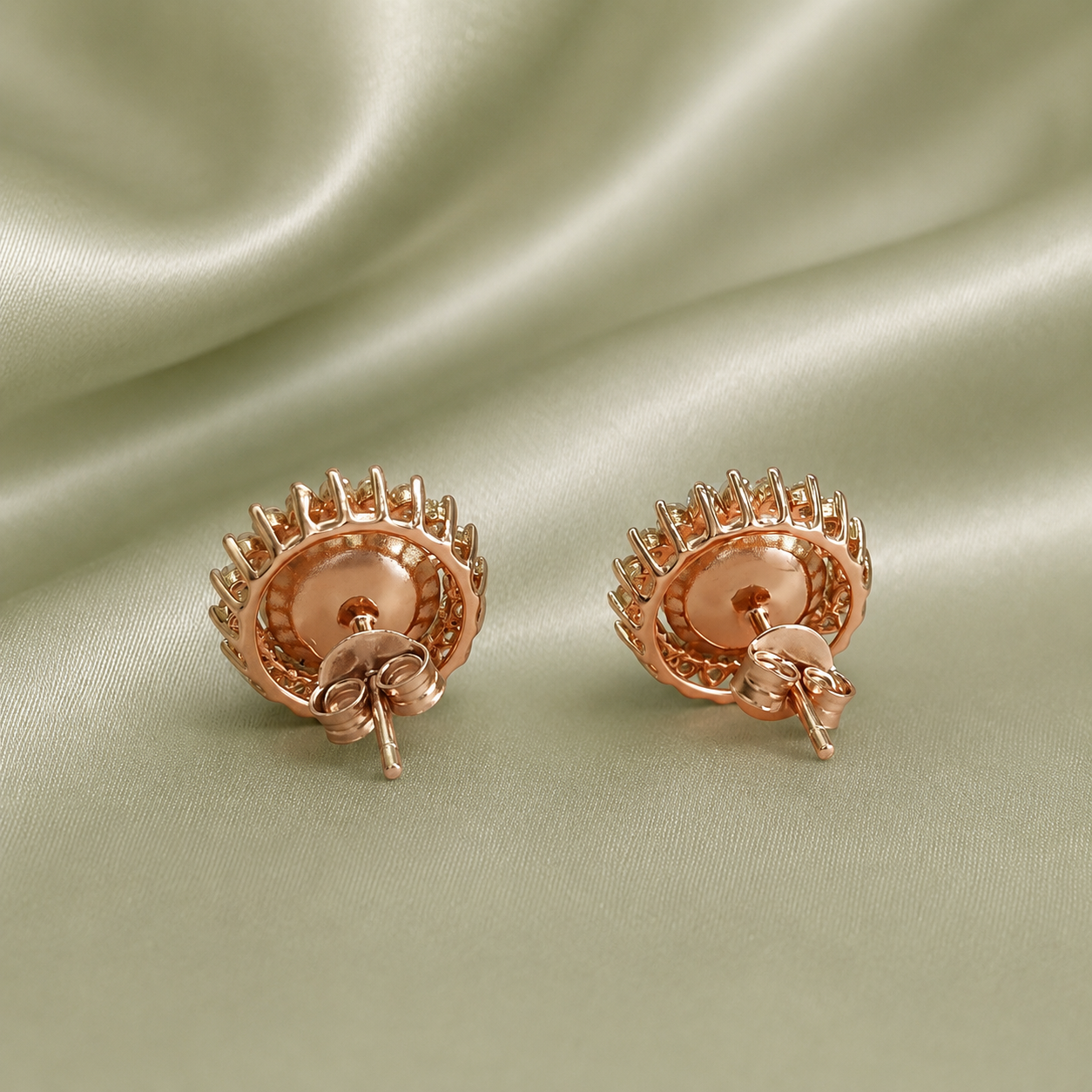 Back view of rose gold sunflower halo earring blanks showing butterfly post closure