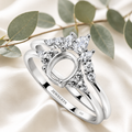 925 Sterling Silver Bridal Ring Set Blank – 6x8mm Oval 6-Prong Semi Mount with Pear & Round CZ Starburst Crown + Matching Chevron CZ Wedding Band
