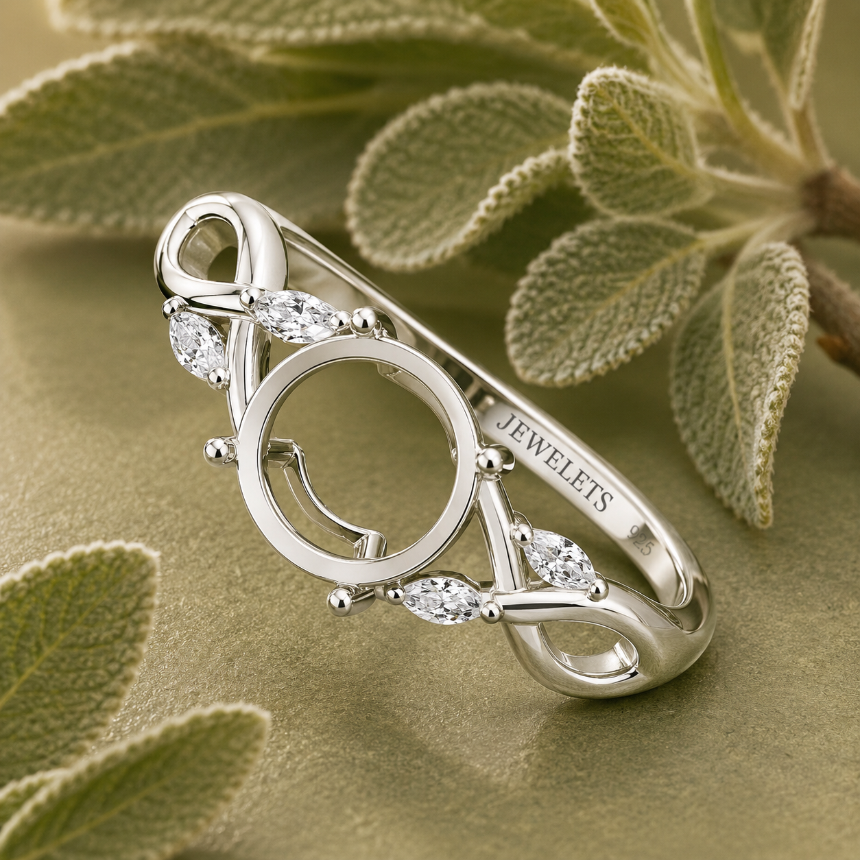 Sterling Silver 8mm Round Ring Setting Blank – Rhodium Plated, Infinity Band with Marquise CZ Accents