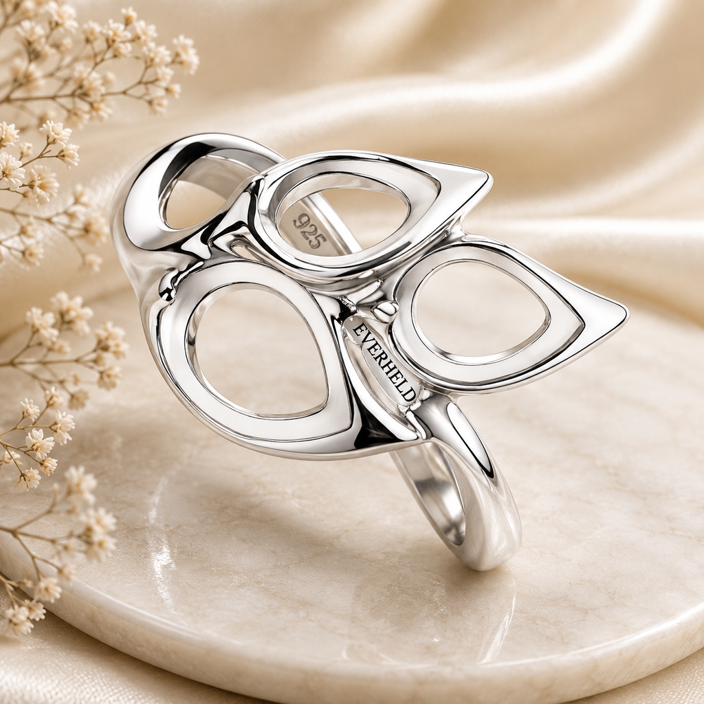 925 Sterling Silver Ring Blank – Four 6x4mm Pear Teardrop Bezel Cluster, Lotus Butterfly Design, Rhodium Plated Semi Mount