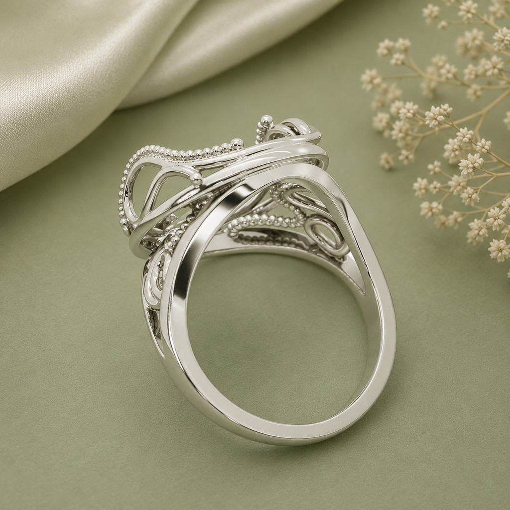 925 Sterling Silver Ring Blank – 15x20mm Large Oval Bezel, Milgrain Frame, Art Nouveau Scroll & Celtic Trinity Wide-Band, Semi Mount