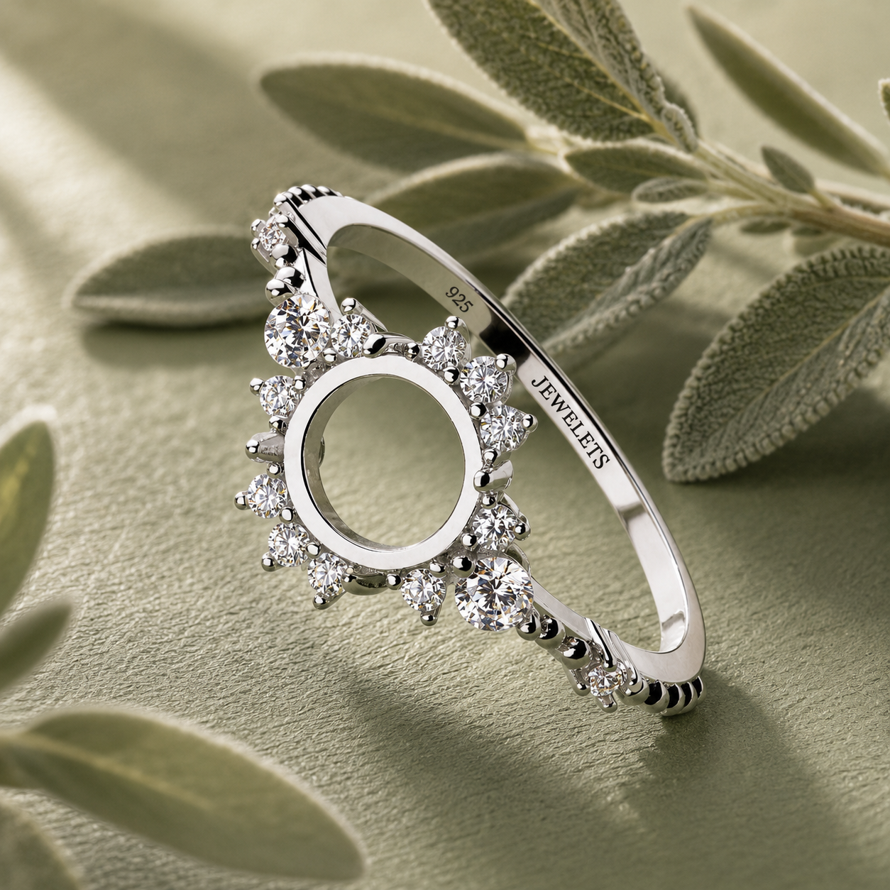 Sterling Silver 8mm Round Ring Setting Blank – Rhodium Plated Starburst CZ Halo, Beaded Band