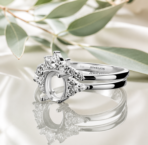 925 Sterling Silver Bridal Ring Set Blank – 6x8mm Oval 6-Prong Semi Mount with Pear & Round CZ Starburst Crown + Matching Chevron CZ Wedding Band