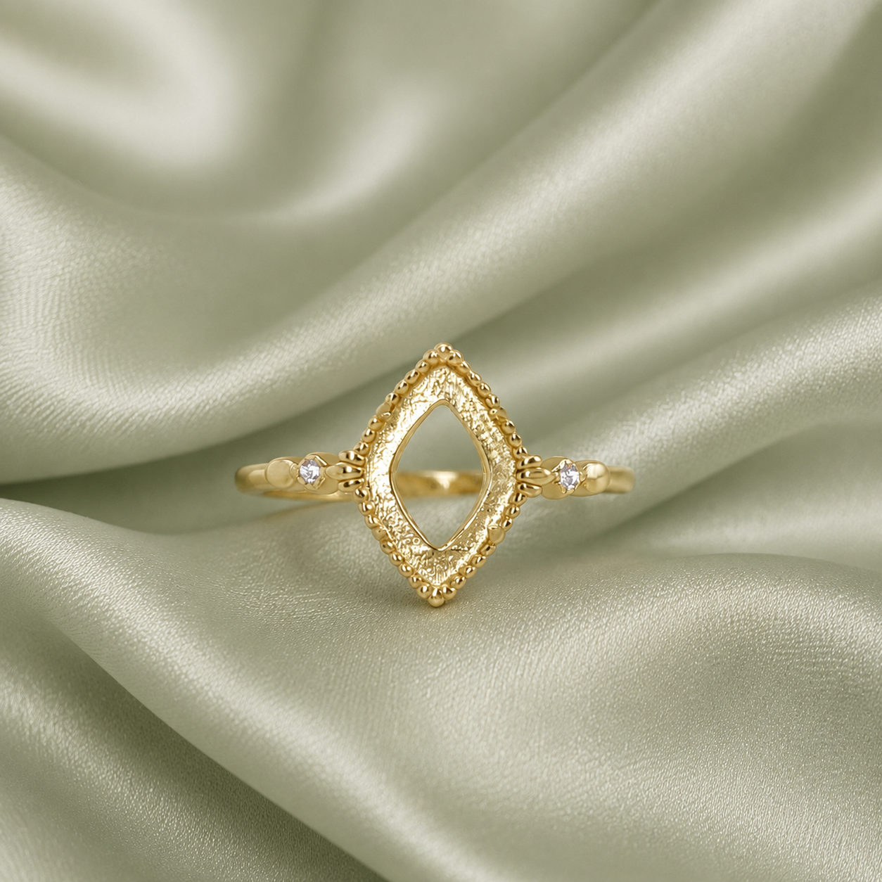 925 sterling silver gold diamond shape vintage ring setting with milgrain border and CZ accents on sage satin - front view