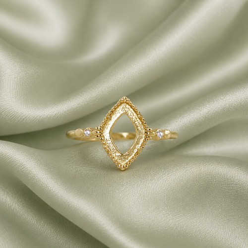 925 sterling silver gold diamond shape vintage ring setting with milgrain border and CZ accents on sage satin - front view