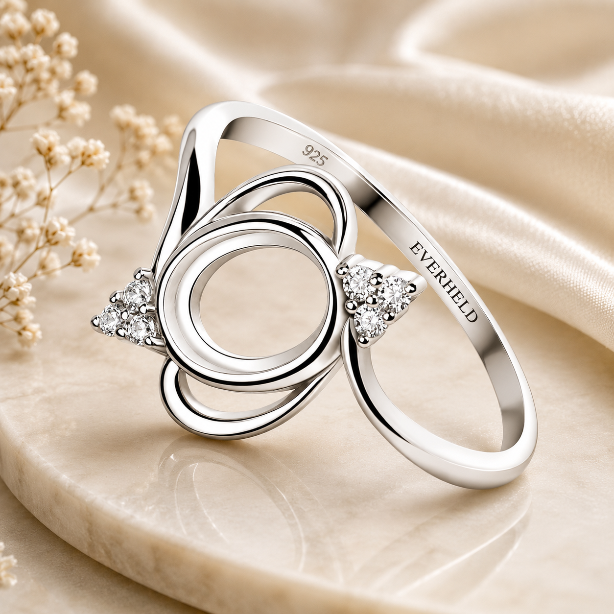 925 Sterling Silver Ring Blank – 6x8mm Oval Sculptural Swirl Bezel, CZ Triangle Cluster Shoulders, V-Split Band, Rhodium Plated Semi Mount
