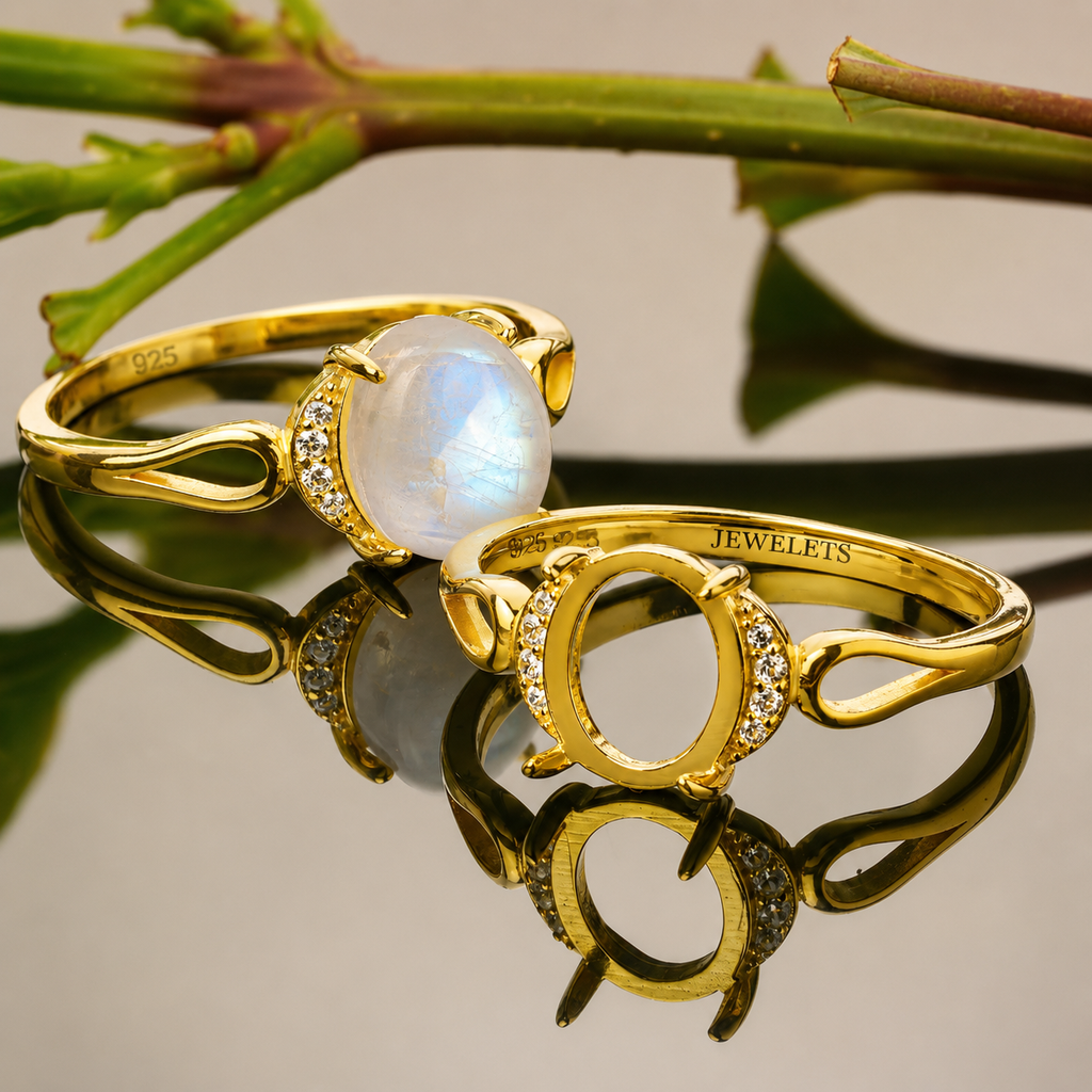 Gold Plated 925 Sterling Silver Ring Blank – 8x10mm Oval Cabochon, Crescent CZ Halo, Open Infinity Band Semi Mount