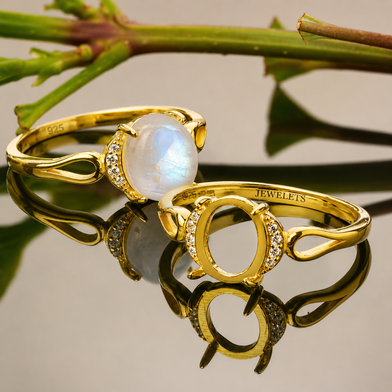 Gold Plated 925 Sterling Silver Ring Blank – 8x10mm Oval Cabochon, Crescent CZ Halo, Open Infinity Band Semi Mount