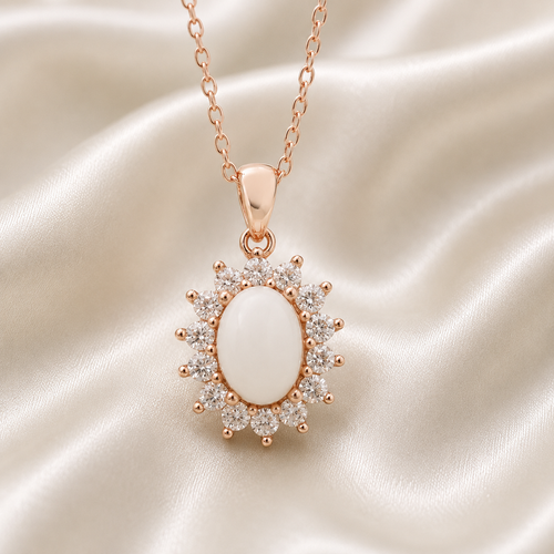 925 Sterling Silver Halo Oval Necklace Setting – Rose Gold with white resin inclusion on cream background