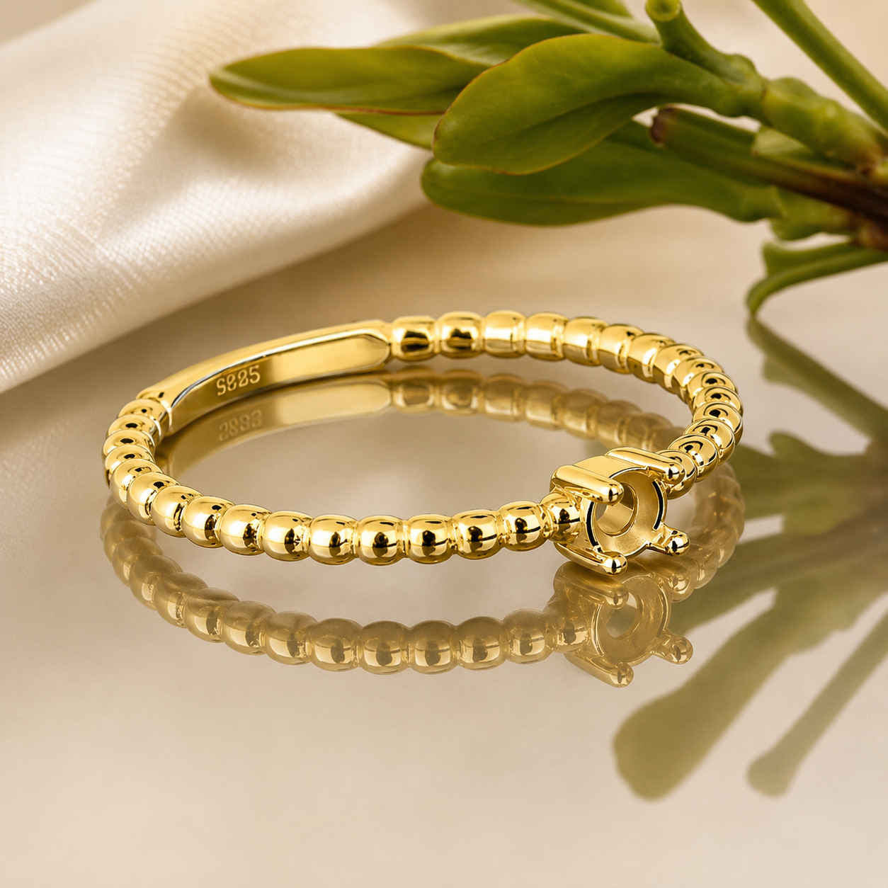 Gold Plated 925 Sterling Silver Ring Blank – 3mm Round 4-Prong Solitaire, Full Beaded Bubble Band, Stackable Semi Mount