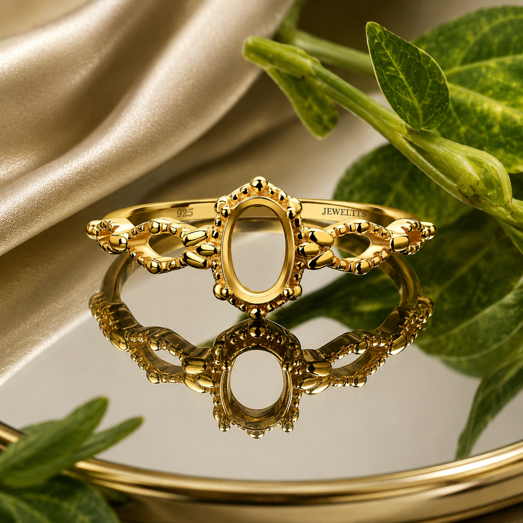 Gold Plated 925 Sterling Silver Ring Blank – 6x8mm Oval Milgrain Crown Bezel, Open Filigree Infinity-Link Band, Victorian Semi Mount