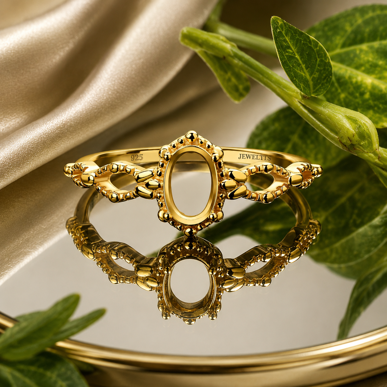 Gold Plated 925 Sterling Silver Ring Blank – 6x8mm Oval Milgrain Crown Bezel, Open Filigree Infinity-Link Band, Victorian Semi Mount
