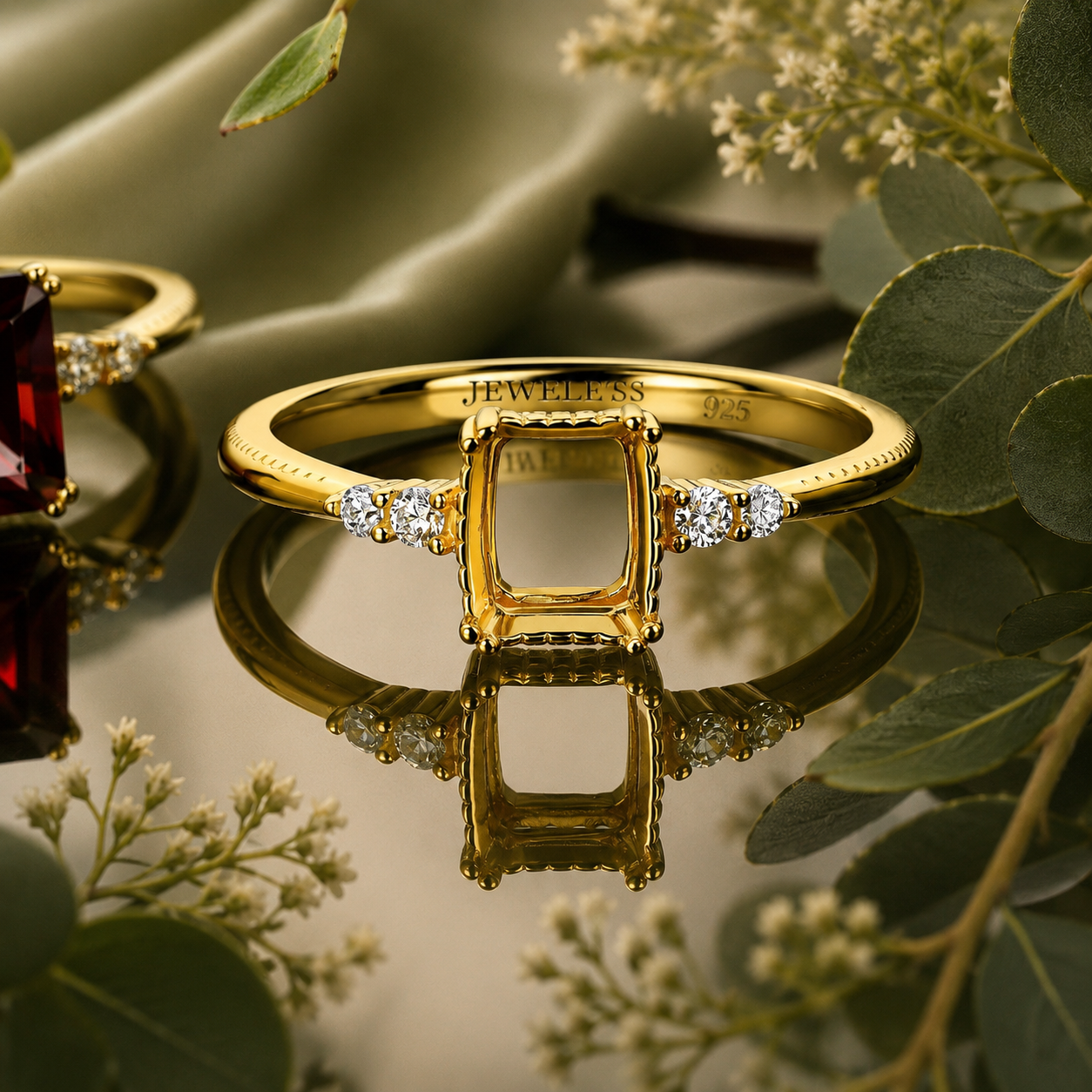 Gold Plated 925 Sterling Silver Ring Blank – 6x8mm Emerald-Cut Milgrain Bezel, Double CZ Shoulders, Milgrain-Dotted Band, Semi Mount