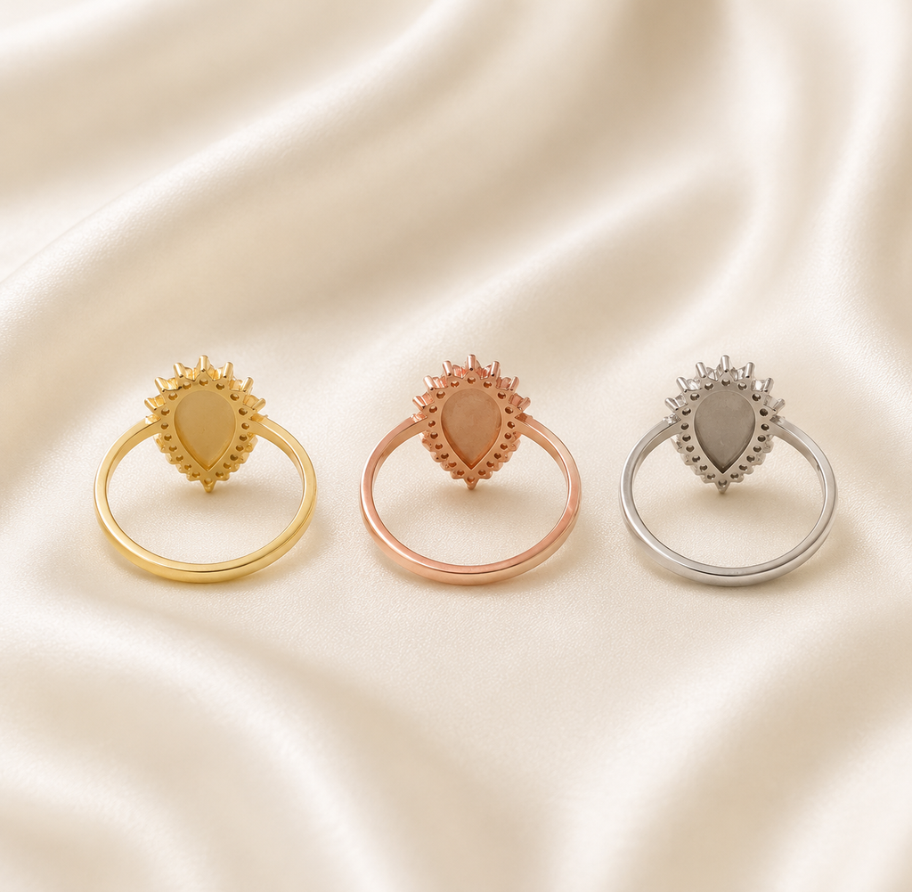 925 Sterling Silver Halo Teardrop Ring Setting – all three colors back view