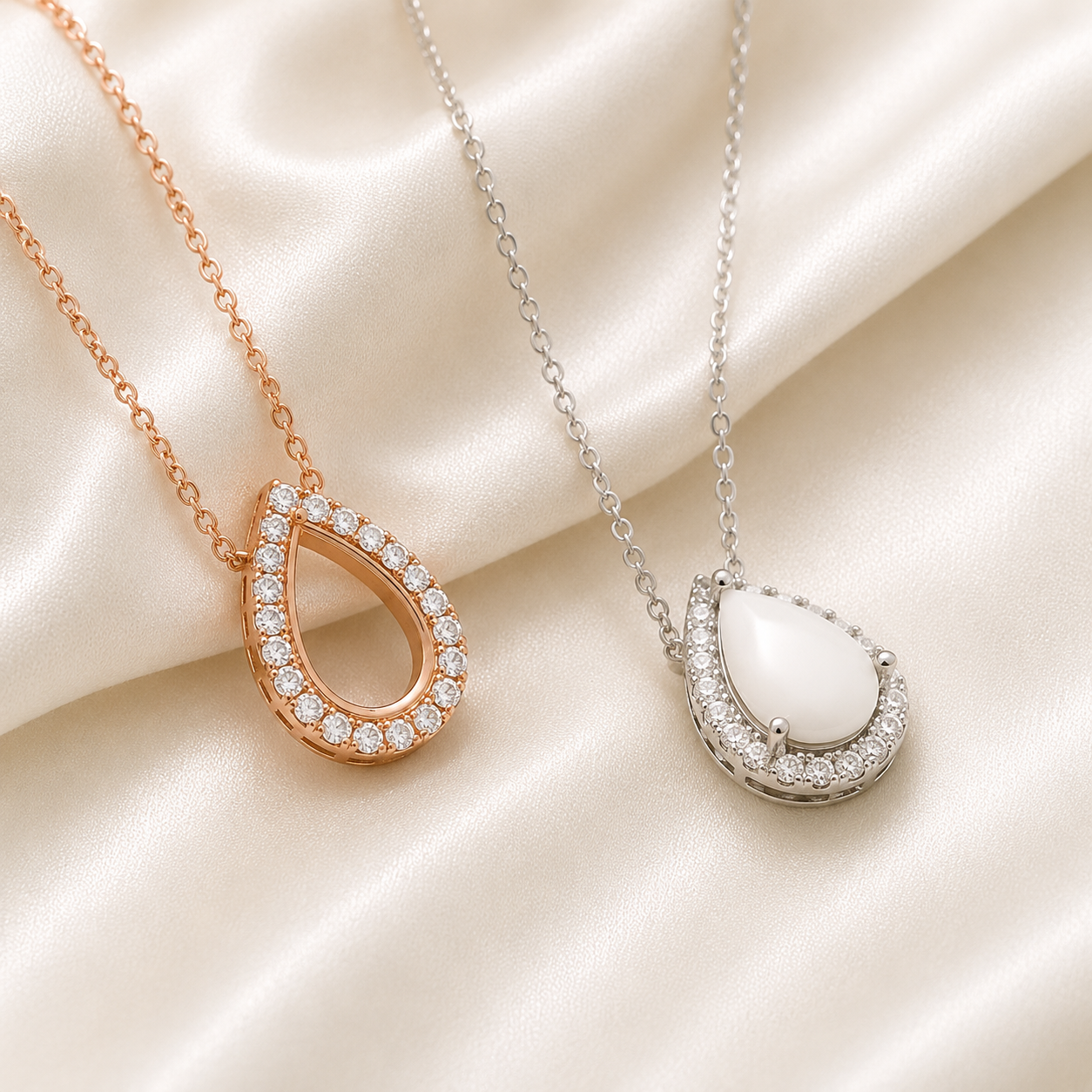 925 Sterling Silver Halo Teardrop Necklace Setting – Rose Gold blank and Silver with resin on cream background