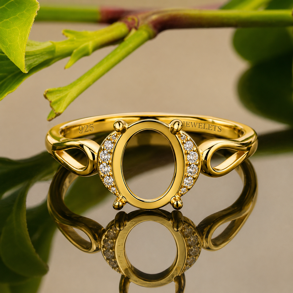 Gold Plated 925 Sterling Silver Ring Blank – 8x10mm Oval Cabochon, Crescent CZ Halo, Open Infinity Band Semi Mount