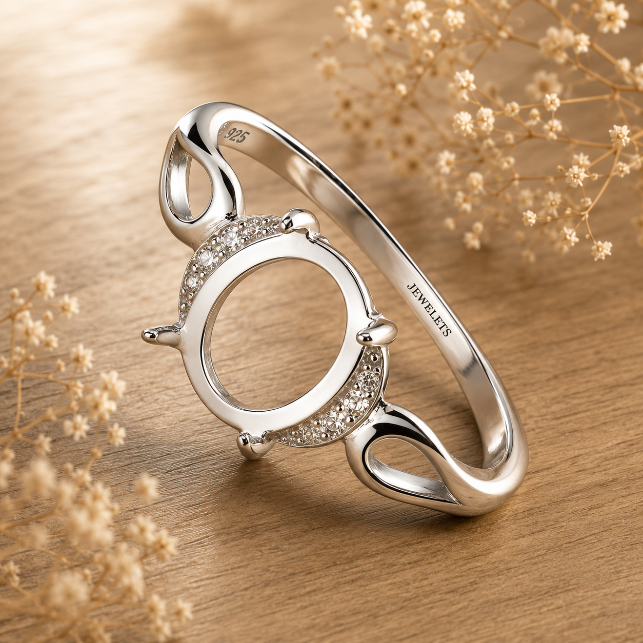925 Sterling Silver Ring Setting Blank – 8x10mm Oval Cabochon, Crescent CZ Halo, Infinity Band