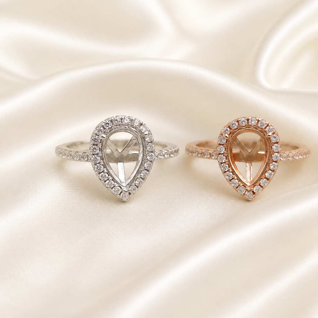 925 Sterling Silver Halo Teardrop Ring Setting in silver and rose gold