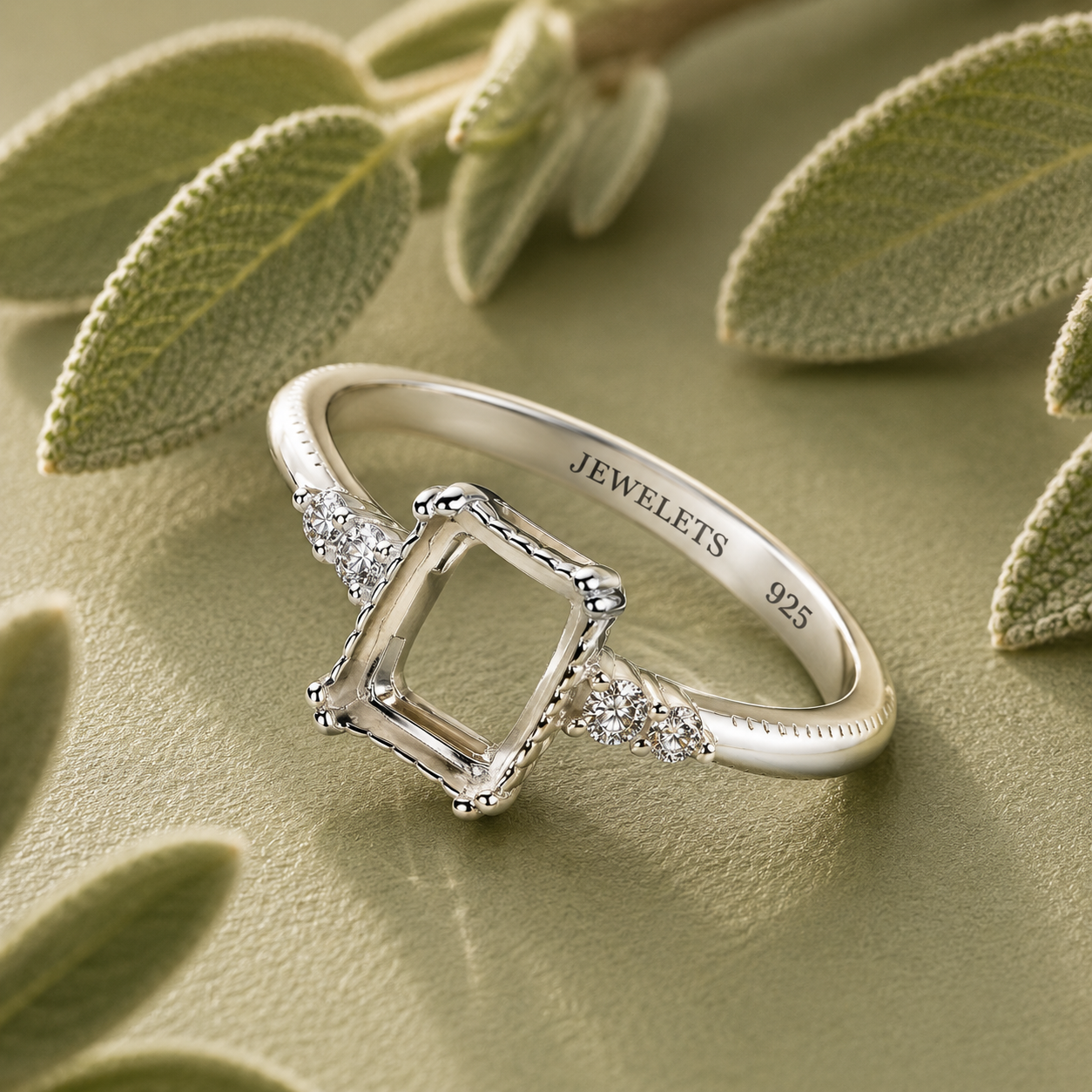 925 Sterling Silver Ring Setting Blank – 6x8mm Emerald Cut Bezel, CZ Trio Shoulders, Milgrain Band