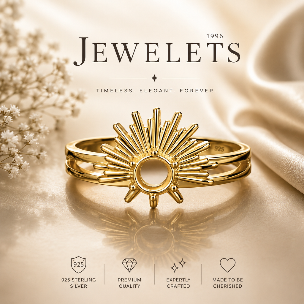 Sterling Silver Ring Setting Blank – 5mm Round, Antique Sun Ray Halo, Rhodium & Gold Plated