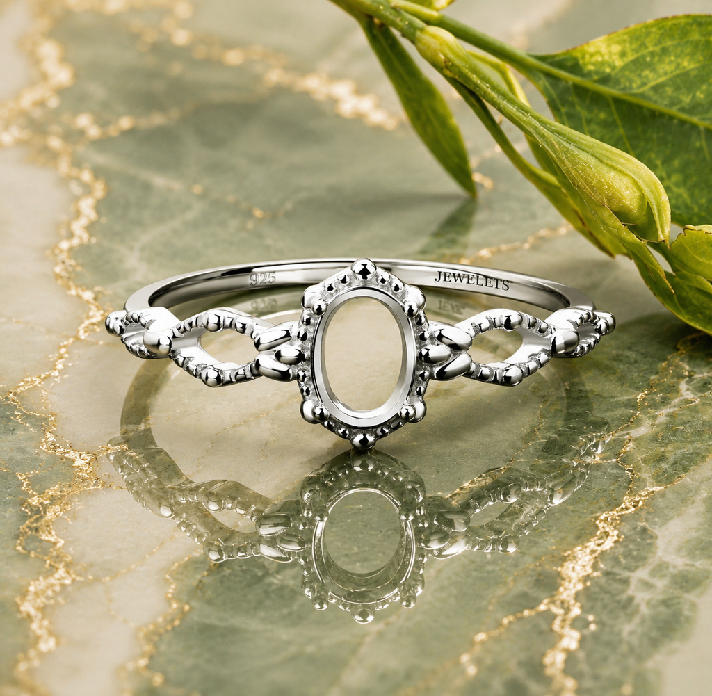 Sterling Silver Ring Blank – 5x7mm Oval Prong Setting, Vintage Milgrain Filigree Band, Rhodium Plated Semi Mount