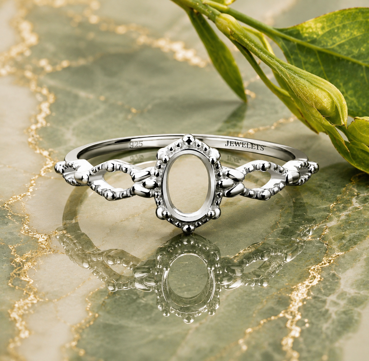 Sterling Silver Ring Blank – 5x7mm Oval Prong Setting, Vintage Milgrain Filigree Band, Rhodium Plated Semi Mount