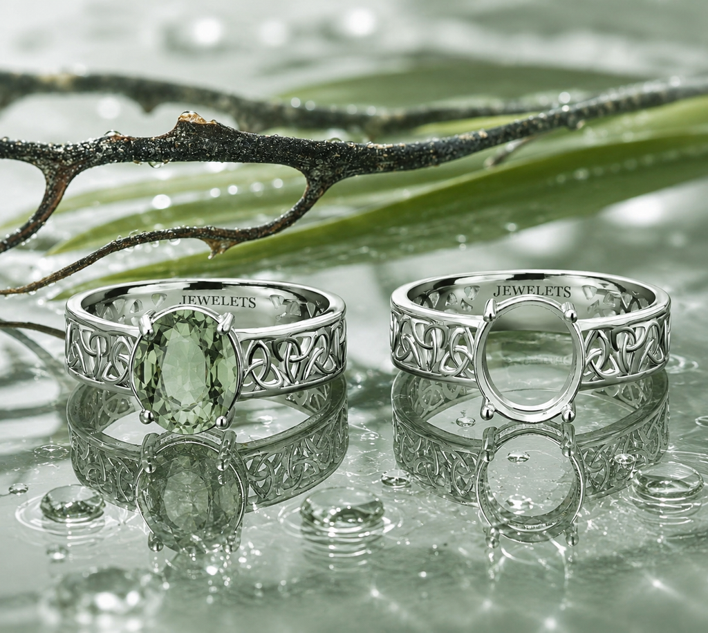 Sterling Silver Celtic Ring Blank – 8x10mm Oval Prong Setting, Rhodium Plated