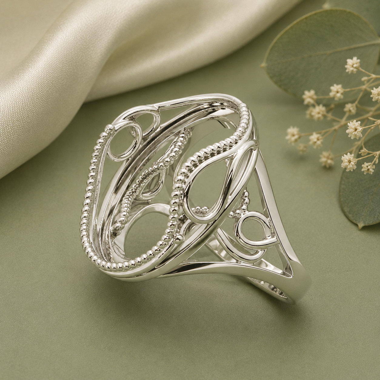 925 Sterling Silver Ring Blank – 15x20mm Large Oval Bezel, Milgrain Frame, Art Nouveau Scroll & Celtic Trinity Wide-Band, Semi Mount