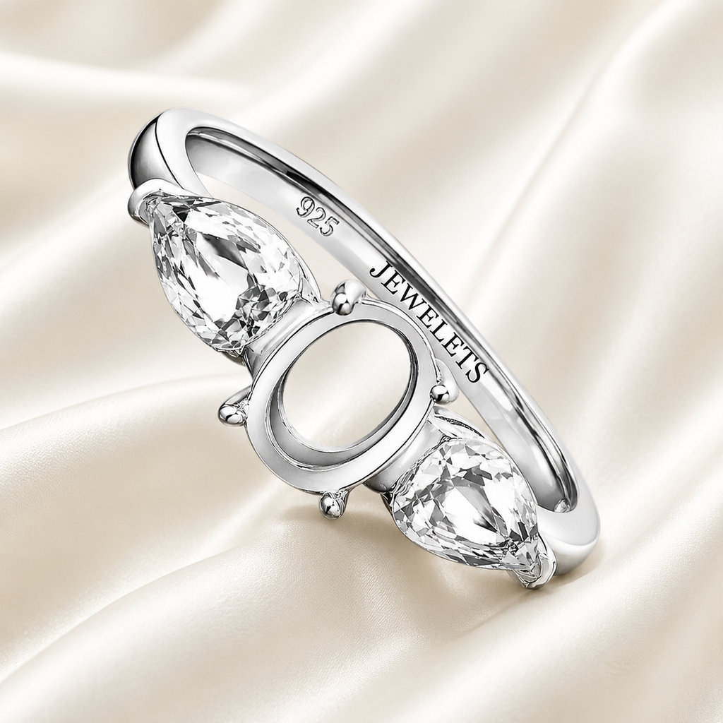 925 Sterling Silver 6x8mm Oval Prong Ring Mount – Pear Side Stones, DIY