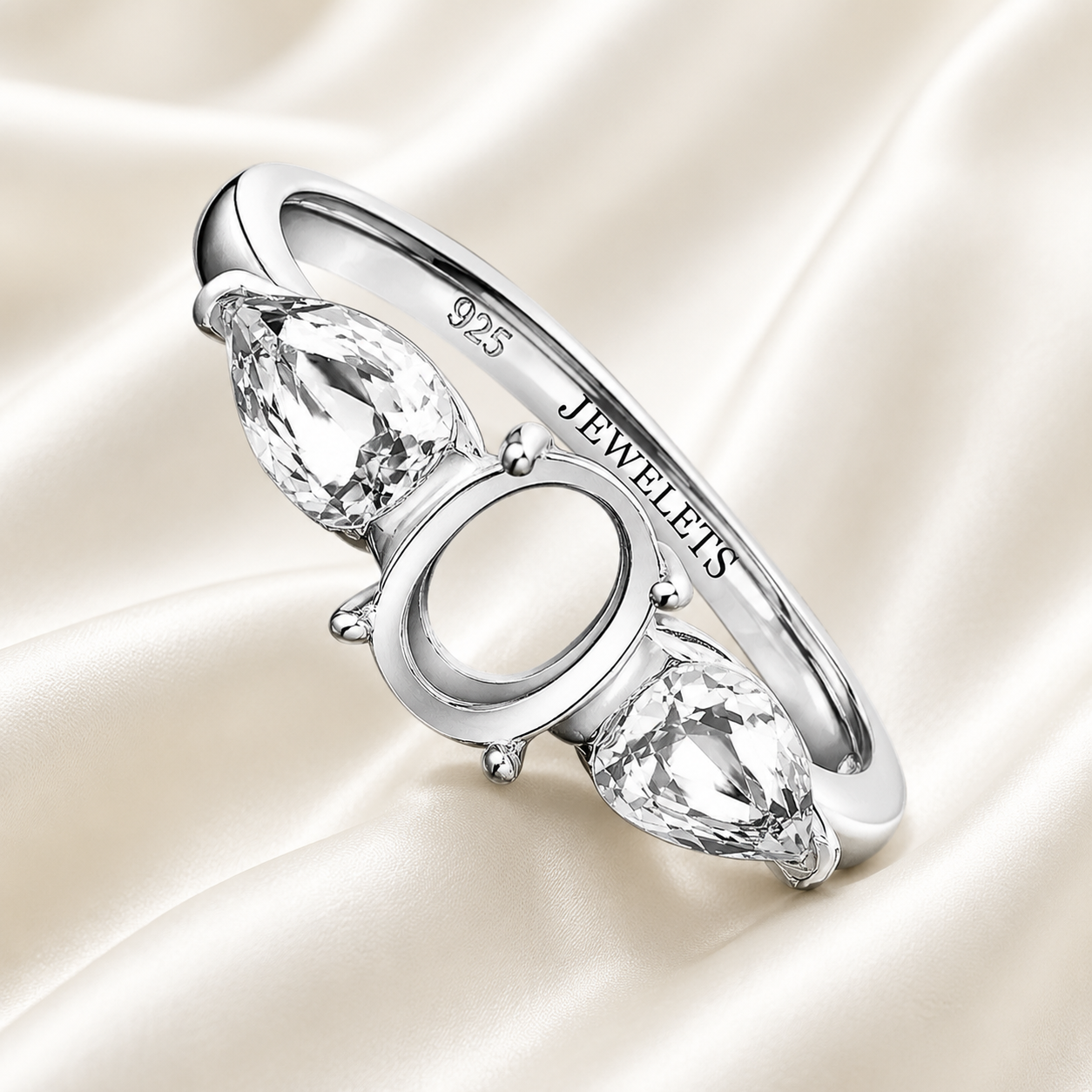 925 Sterling Silver 6x8mm Oval Prong Ring Mount – Pear Side Stones, DIY