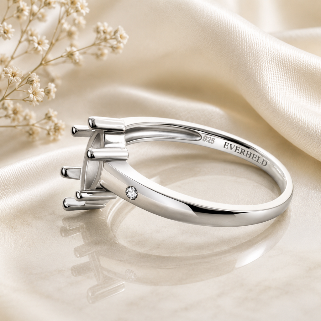 925 Sterling Silver Ring Blank – 10x5mm Marquise 6-Prong Setting, Flush-Set CZ Band Accents, Rhodium Plated Semi Mount