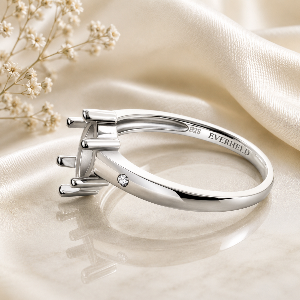 925 Sterling Silver Ring Blank – 10x5mm Marquise 6-Prong Setting, Flush-Set CZ Band Accents, Rhodium Plated Semi Mount